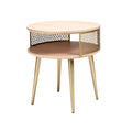 Modern Round Coffee Table with Gold Metal Legs and Decorative Mesh Shelf