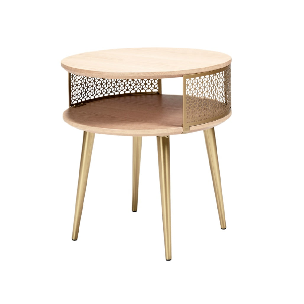 Modern Round Coffee Table with Gold Metal Legs and Decorative Mesh Shelf